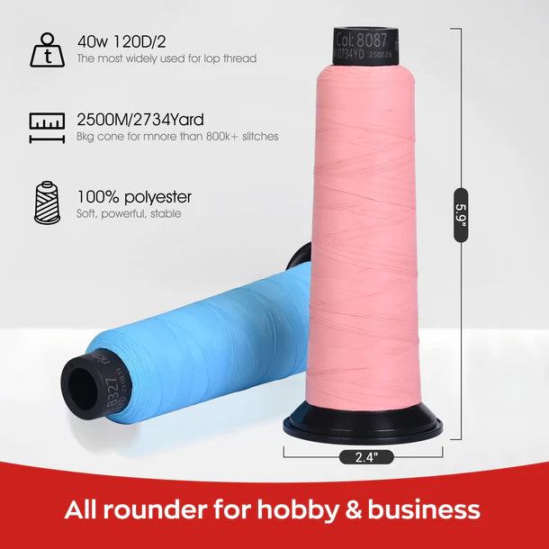 Coffret de 20 fils à broder mats de 2500m de la marque Consommables Broderie, vue avec deux bobines colorées.