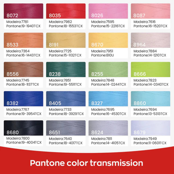 Coffret de 20 fils à broder mats de 2500m de la marque Consommables Broderie, avec fils colorés et enroulés.
