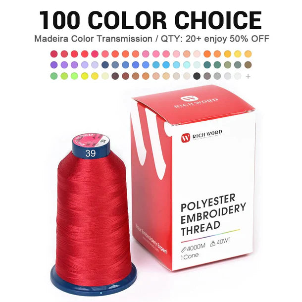 Fil à broder en polyester de 100 couleurs, rouleau unique, marque Consommables Broderie, idéal pour projets de couture.