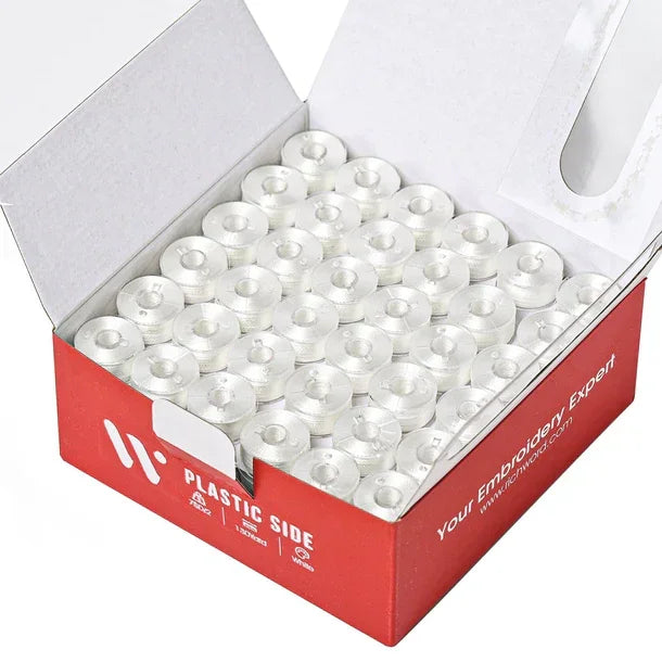 144 canettes pré-bobinées blanches style A pour broderie, compatible Singer et Brother, en plastique, emballage pratique.